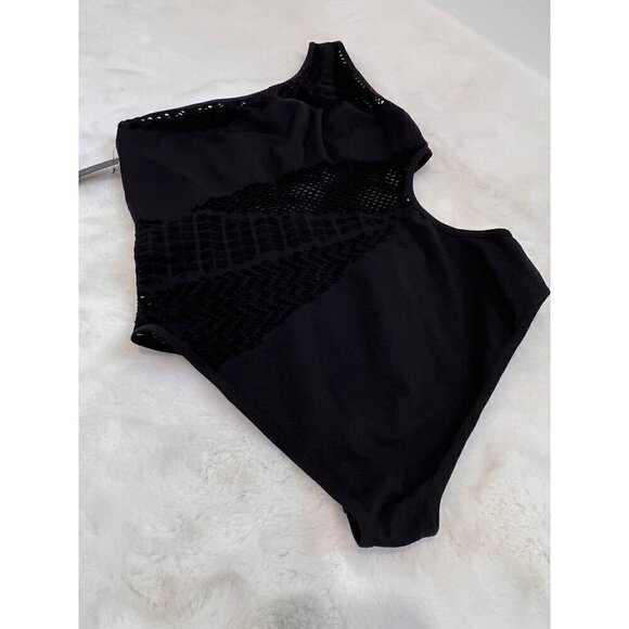 New Hauty Size O/S One-Shoulder Openwork Knit Seamless Teddy Bodysuits Black - Picture 6 of 6
